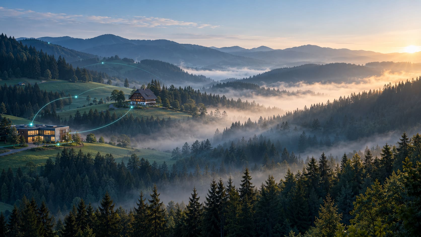 IT-Dienstleister im Schwarzwald. KI-generiertes Symbolbild: Schwarzwald und vernetzte IT
