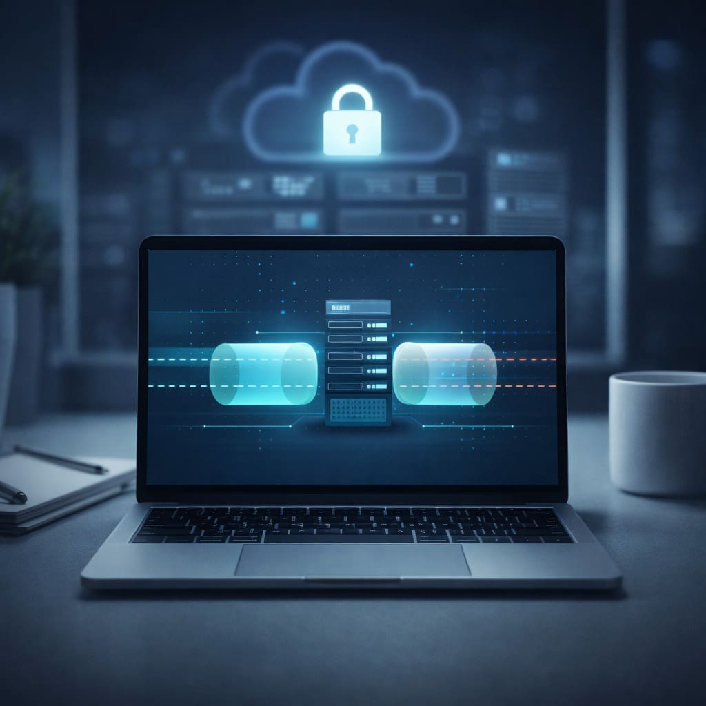 VPN-Verbindung: Laptop verbindet sich verschlüsselt über einen sicheren Tunnel mit Cloud/Server (IT-Sicherheit und Privatsphäre)